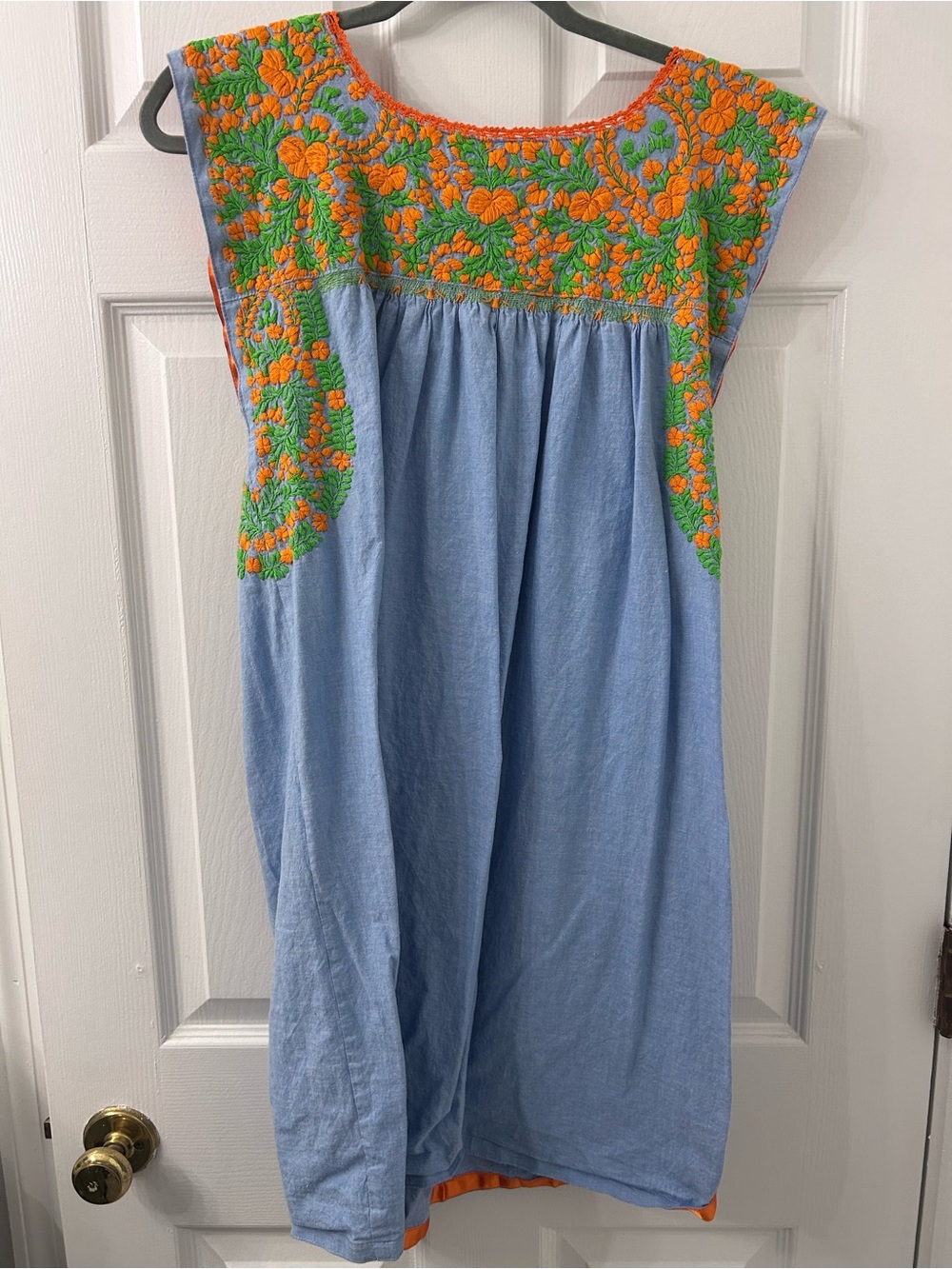 Mi Golondrina Blue Dress with Orange & Green Floral Embroidery - Picture 2 of 3